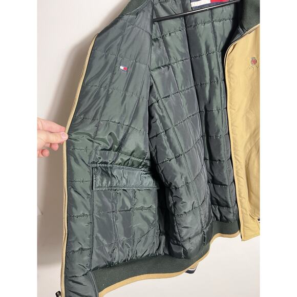 VTG 90s Tommy Hilfiger Reversible Bomber Jacket Tan Green L/XL Puffer Coat Y2K - Picture 14 of 16